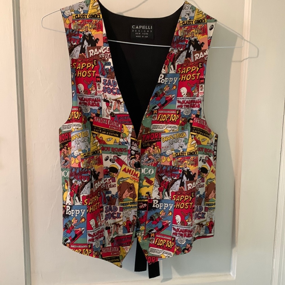 Comix cartoon vest by Capelli. Unisex. Fun for the comic book lover or artist!
